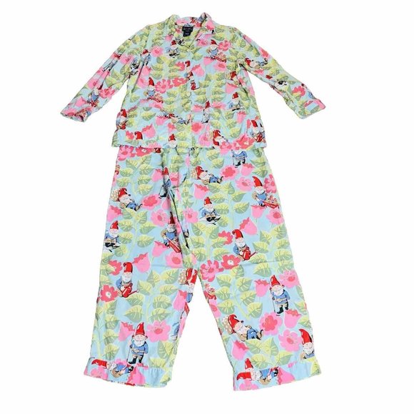 VTG Nick Nora Spring Pajama Set Sz 2XL Floral Garden Gnome Cotton Logo Branded - Picture 1 of 12